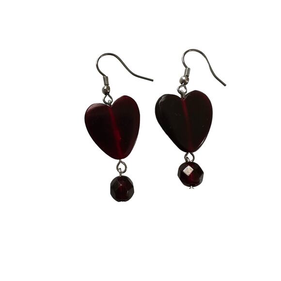 Two Pairs Red Glass Heart Earrings - Picture 3 of 6